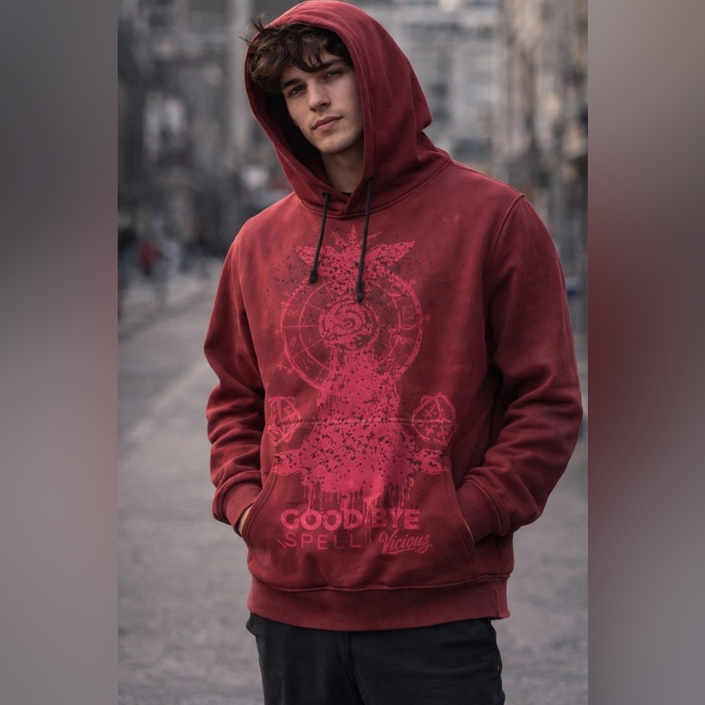 Vicious denim men’s distressed Graphic Hoodie red Burgundy‎ size small VC121
